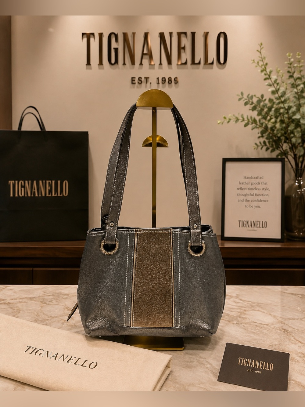 Tignanello Pebbled Leather Colorblock Shoulder Bag- Metallic Pewter/Bronze EUC